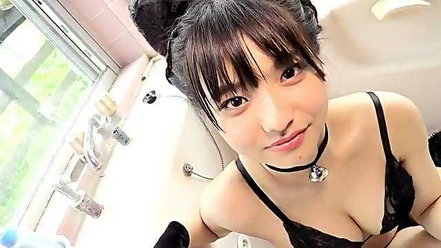 Black lingerie is breathtaking on a buxom Japanese solo girl