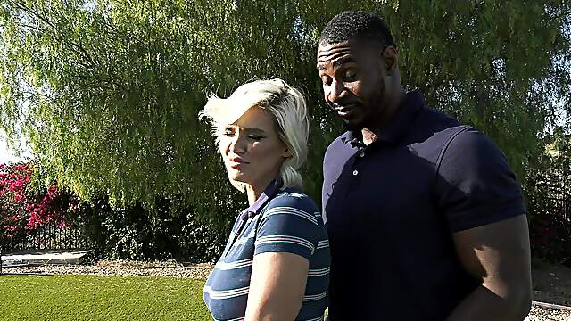 Blonde wife goes black in backyard XXX seduction until the sperm floods her