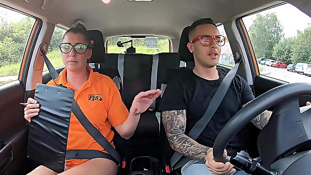 Driving instructor fucks with her student by the side of the road