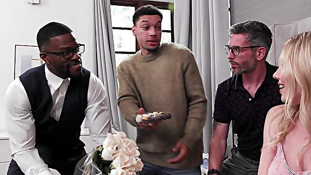 Naked blonde woman gets to try multiple dicks in each of her greedy holes