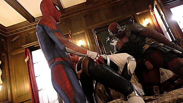 Ebony endures anal role play with guys dressed like DeadPool
