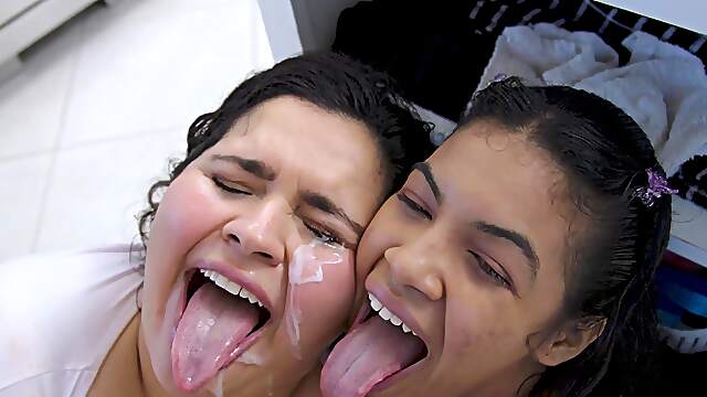 Two cute girls share a cock in an intense ffm threesome