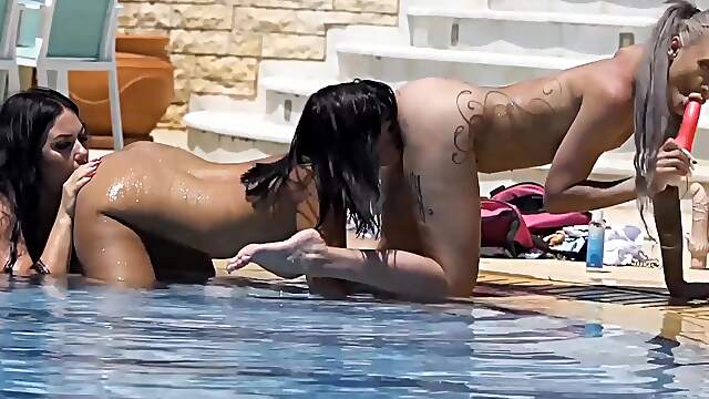 Pool party with four hot girls getting fucked hard