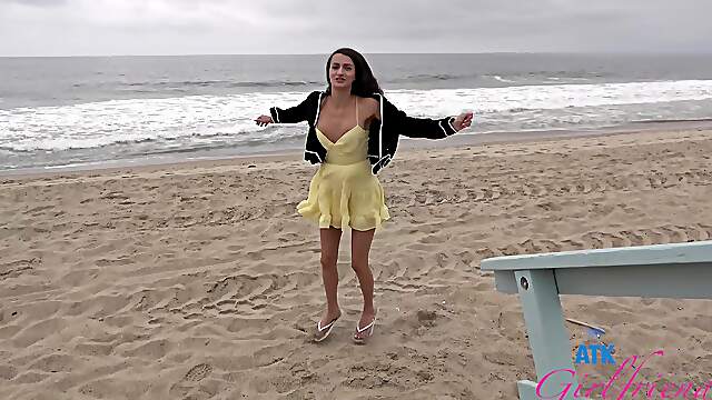 A cute girl with big natural tits has sex in the car on a hot summer day