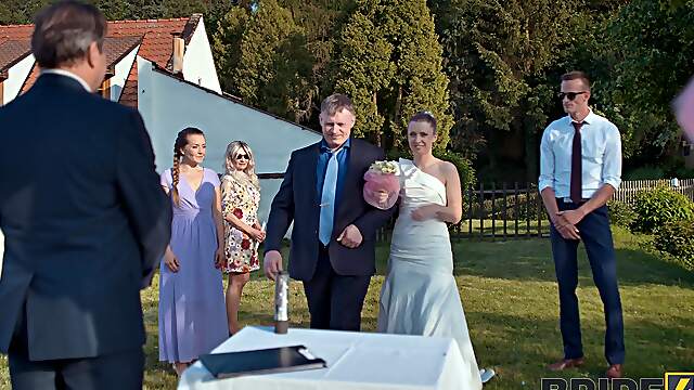 Andrea and her masked groom fucked outdoors on their wedding day