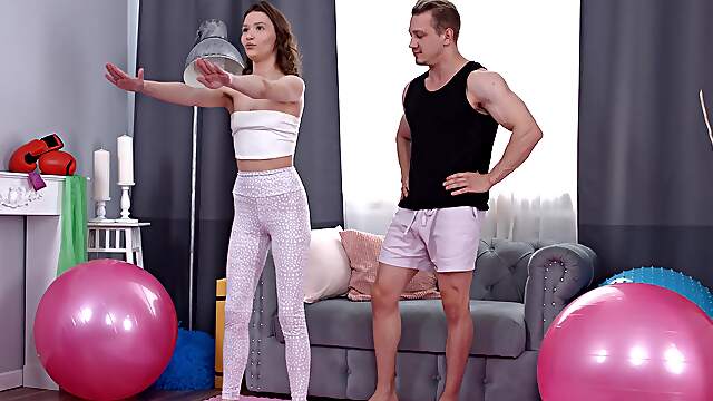 The pretty girl, Kitty Doll, is riding the coach with passion.