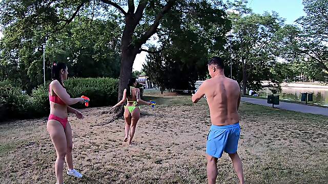 Four sexy babes and Porno Dan in a hot beach foursome