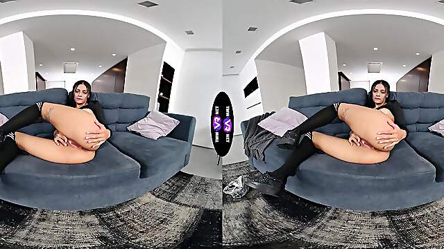 Skinny Breiny Zoe masturbates her shaved pussy wearing only socks.