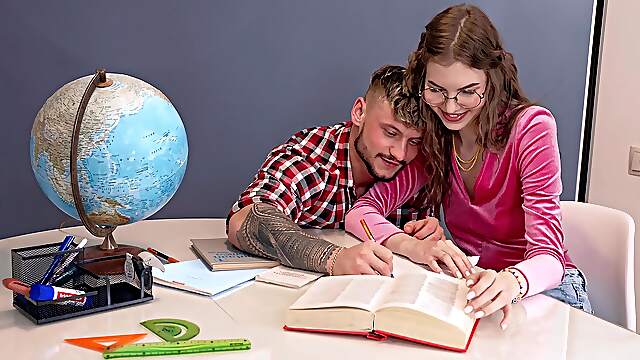 Young student Alice Xo fucks her teacher on the table in a steamy scene.