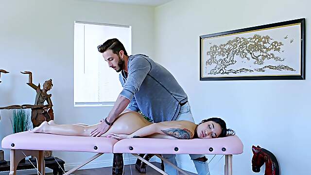 Avery Black gets her pussy filled with sticky sperm during a massage session.