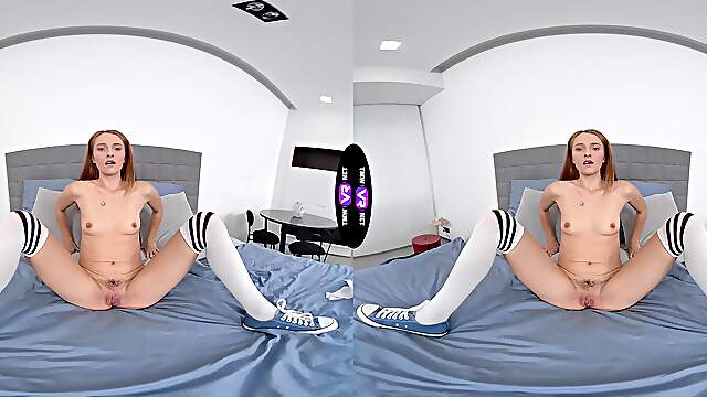 Teen Lucianna Luci's tiny titties in VR as she pleasures her shaved peach with fingers