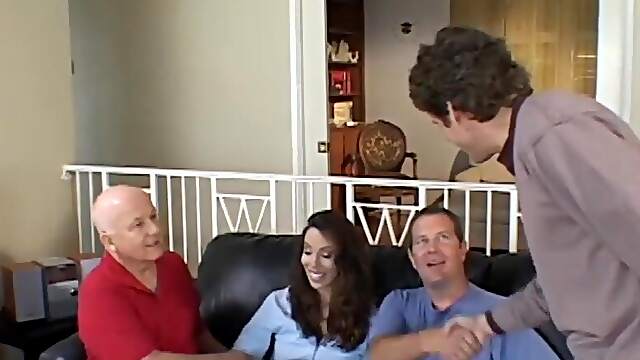 Buxom Paige Rene teases in doggy as her husband watches, swallowing cock and fucking hard