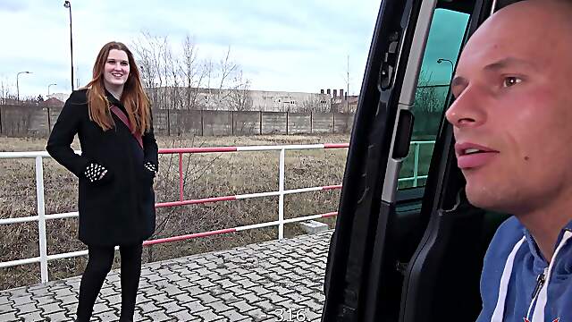 Redheaded Ruby goes raw in a car, her shaven pussy pounded from all angles