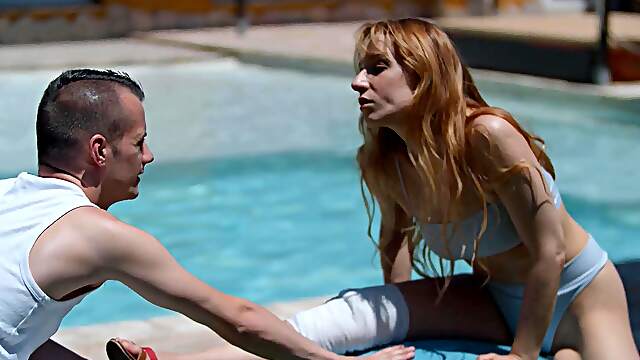 Couple Nat & Sam indulge in sultry cowgirl action by the pool
