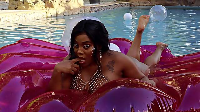 Busty ebony BBW Ms. Yummy's poolside interracial banging