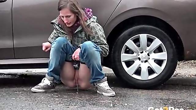 Two girls drop their pants and pee in public