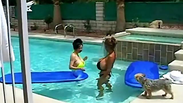 Asians with enormous fake tits in the pool